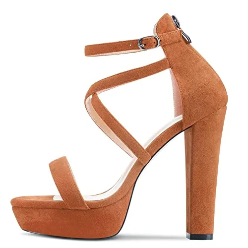 Aachcol Women Platform Sandals Peep Open Toe Ankle Strap Chunky Block High Heel Dress Shoes Pumps Wedding Suede Brown 5 Inch
