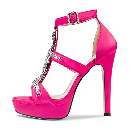 Aachcol Women Platform Stiletto High Heel Roman Sandals Ankle Strap Slingback Round Peep Open Toe Dress Shoes Office Party Wedding Satin 5 Inch, Magenta Red