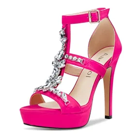 Aachcol Women Platform Stiletto High Heel Roman Sandals Ankle Strap Slingback Round Peep Open Toe Dress Shoes Office Party Wedding Satin 5 Inch, Magenta Red