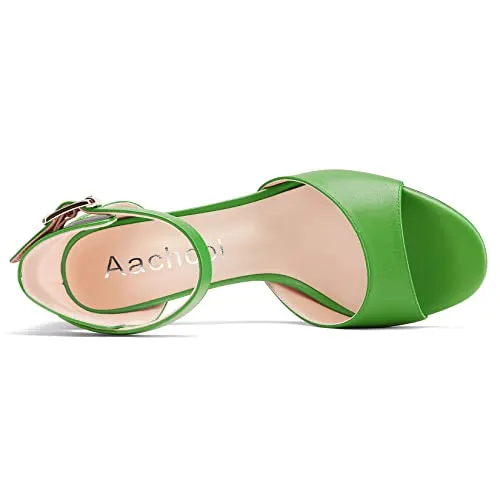 Aachcol Women Sandals Peep Open Toe Ankle Strap Chunky Block High Heel Dress Shoes Matte Classic Green d 3 Inch