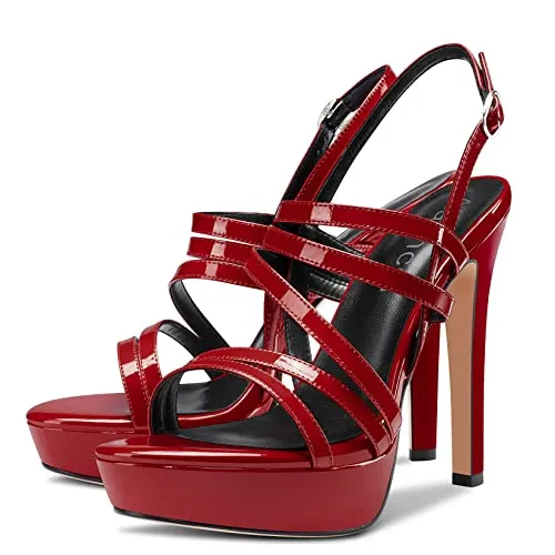 Aachcol Women Sandals Platform Peep Open Toe Backstrap Ankle Strap Slingback Stiletto High Heel Dress Shoes Pumps Wedding Patent Burgundy Red 5 Inch