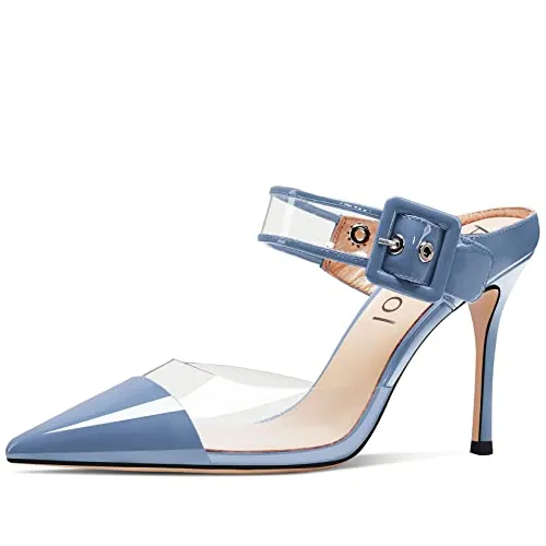Aachcol Women Sexy Clear Slingback Ankle Strap Stiletto High Heel Pumps Close Pointed Toe Dress Shoes Party Wedding Patent Blue 3 Inch