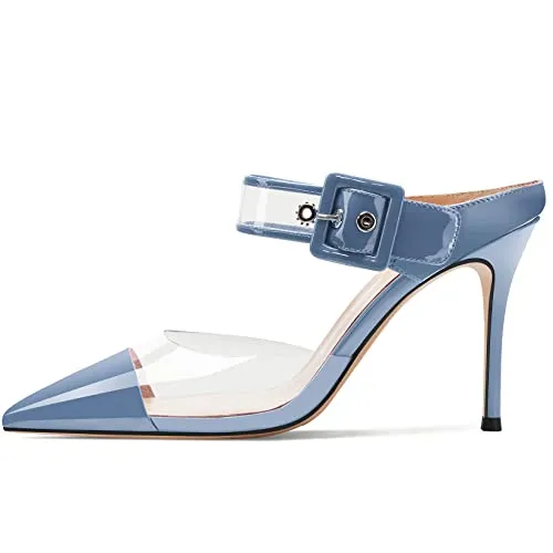 Aachcol Women Sexy Clear Slingback Ankle Strap Stiletto High Heel Pumps Close Pointed Toe Dress Shoes Party Wedding Patent Blue 3 Inch