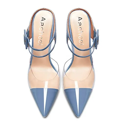 Aachcol Women Sexy Clear Slingback Ankle Strap Stiletto High Heel Pumps Close Pointed Toe Dress Shoes Party Wedding Patent Blue 3 Inch