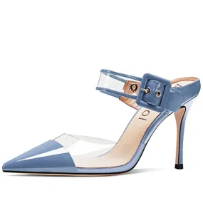 Aachcol Women Sexy Clear Slingback Ankle Strap Stiletto High Heel Pumps Close Pointed Toe Dress Shoes Party Wedding Patent Blue 3 Inch