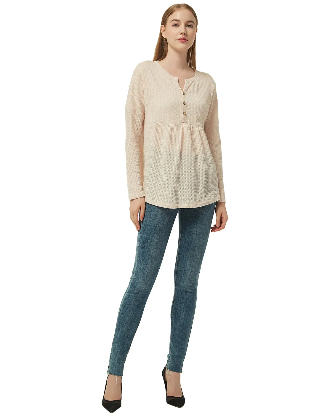 Anna-Kaci Women's Long Sleeve V-neck Waffle Knit Babydoll Ruffle Blouse