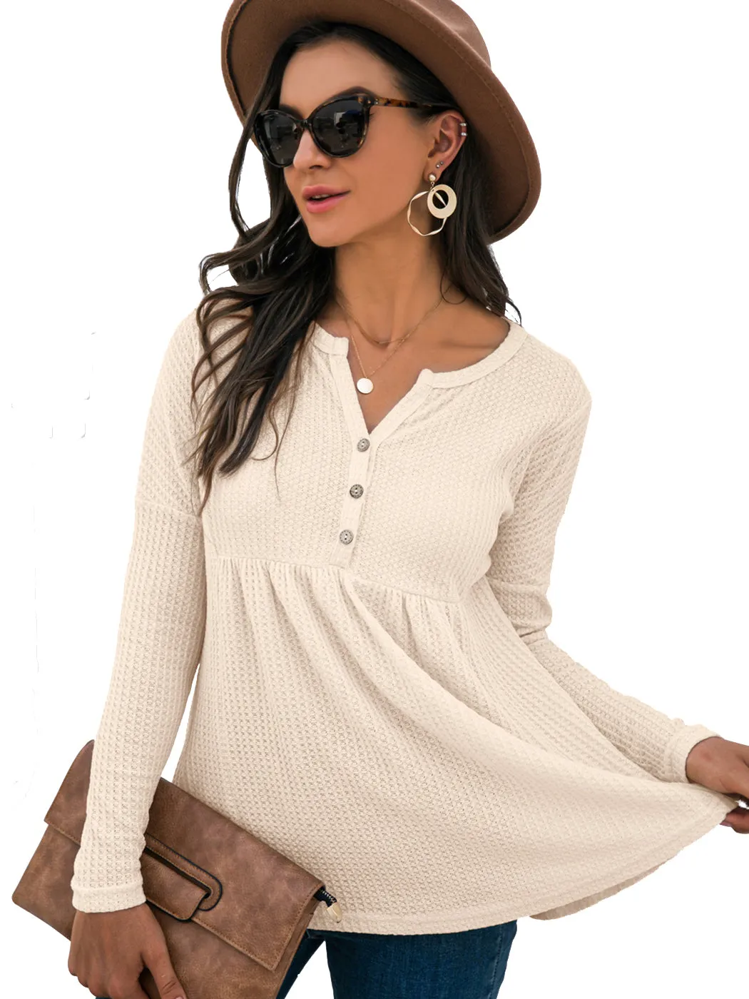 Anna-Kaci Women's Long Sleeve V-neck Waffle Knit Babydoll Ruffle Blouse