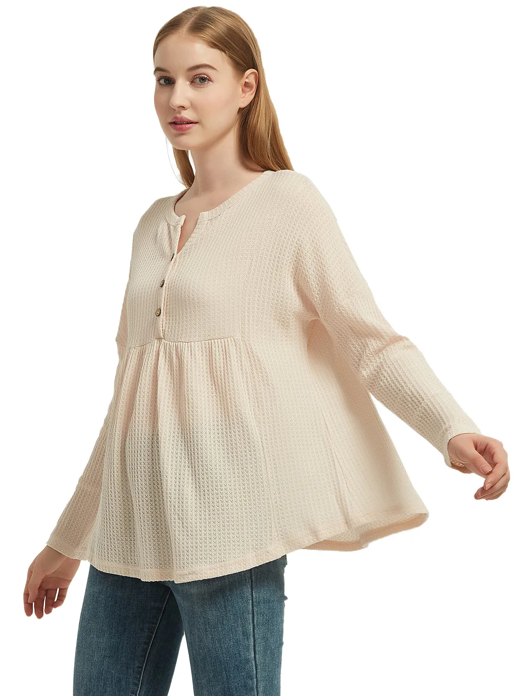 Anna-Kaci Women's Long Sleeve V-neck Waffle Knit Babydoll Ruffle Blouse