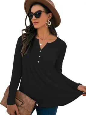 Anna-Kaci Women's Long Sleeve V-neck Waffle Knit Babydoll Ruffle Blouse