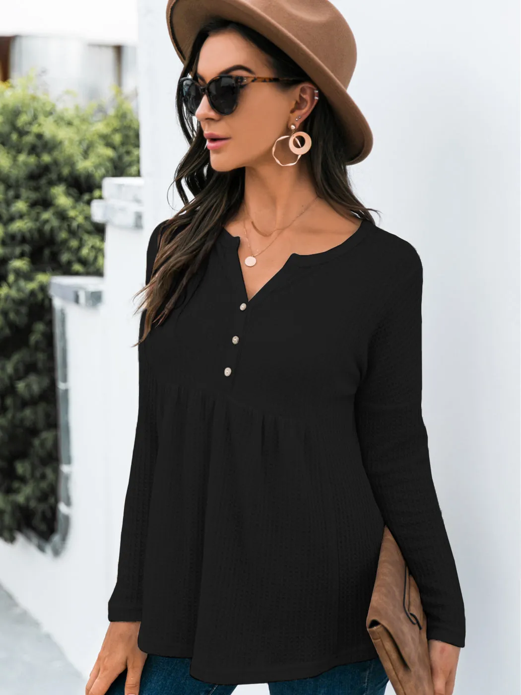 Anna-Kaci Women's Long Sleeve V-neck Waffle Knit Babydoll Ruffle Blouse