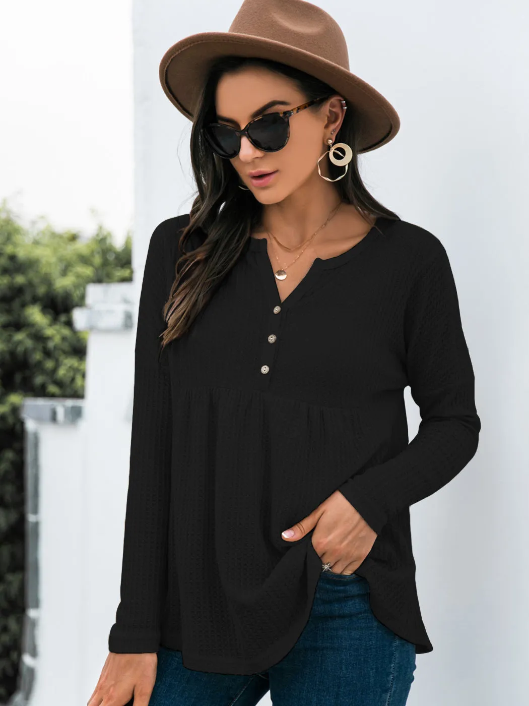 Anna-Kaci Women's Long Sleeve V-neck Waffle Knit Babydoll Ruffle Blouse