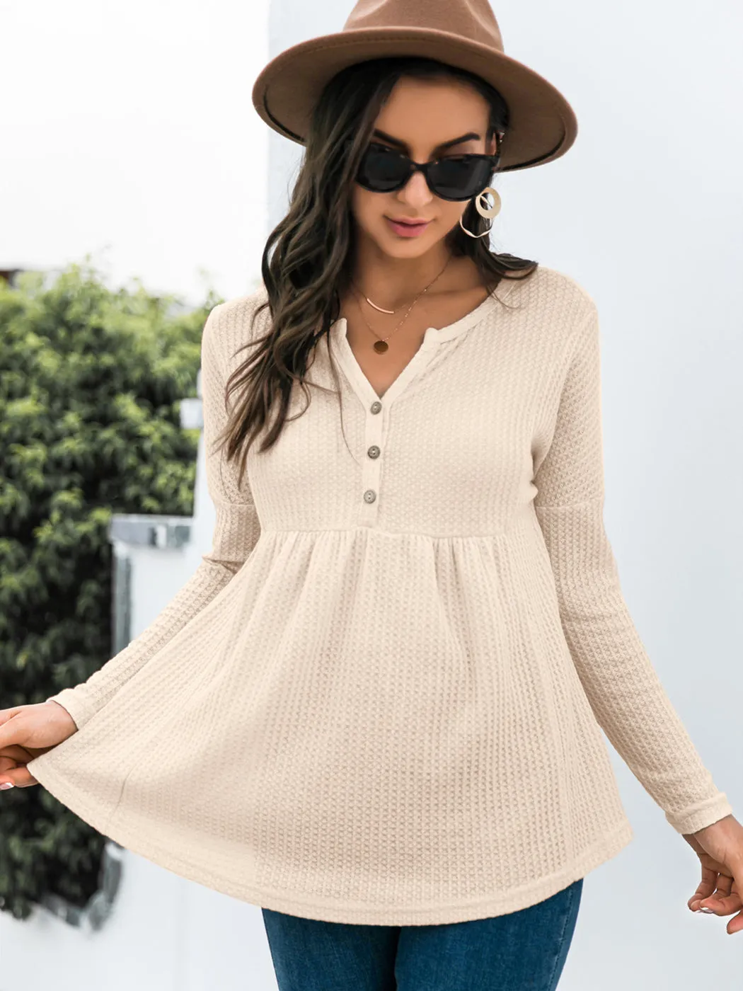 Anna-Kaci Women's Long Sleeve V-neck Waffle Knit Babydoll Ruffle Blouse