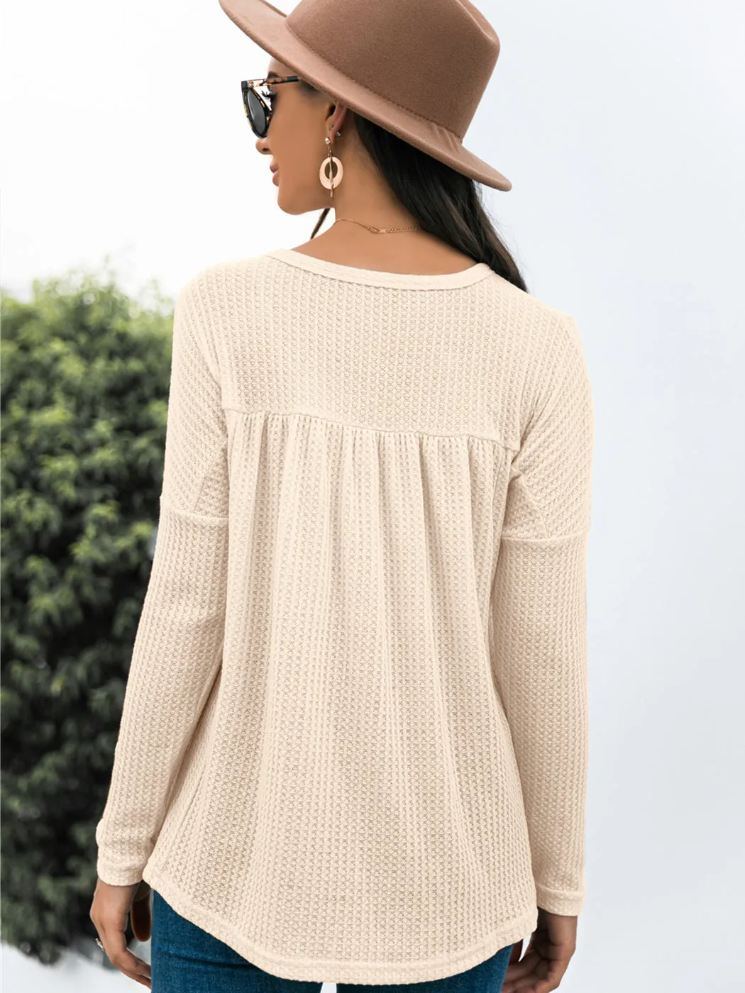 Anna-Kaci Women's Long Sleeve V-neck Waffle Knit Babydoll Ruffle Blouse