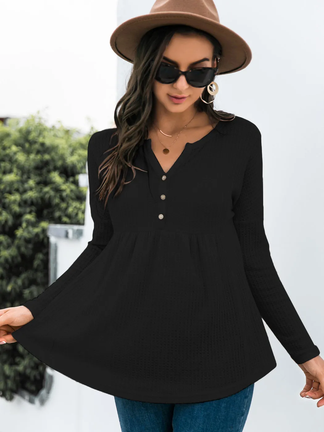 Anna-Kaci Women's Long Sleeve V-neck Waffle Knit Babydoll Ruffle Blouse