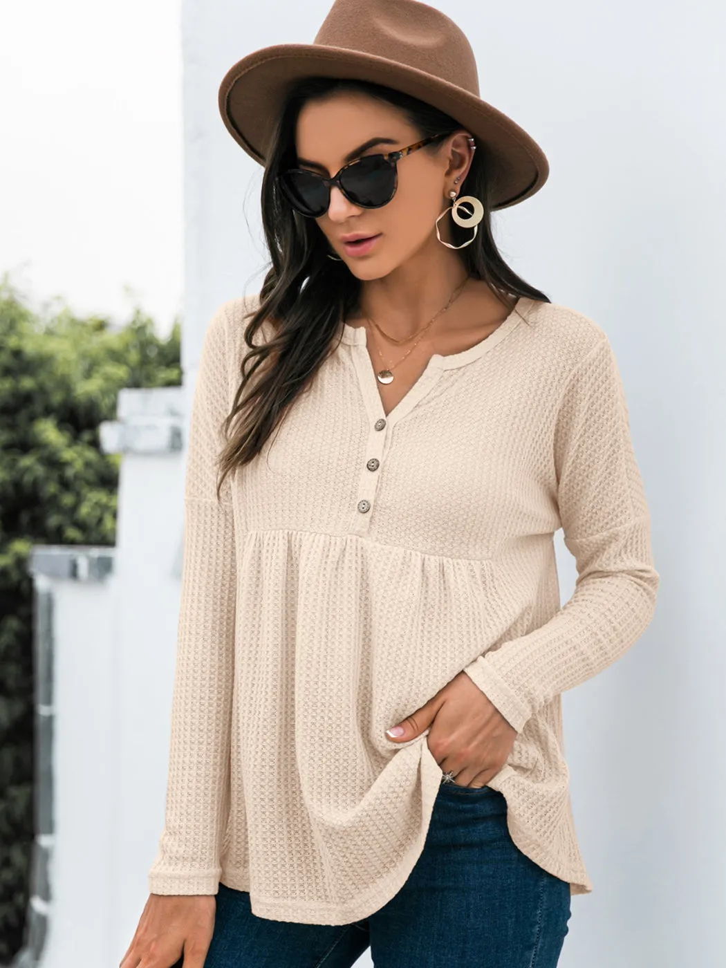 Anna-Kaci Women's Long Sleeve V-neck Waffle Knit Babydoll Ruffle Blouse