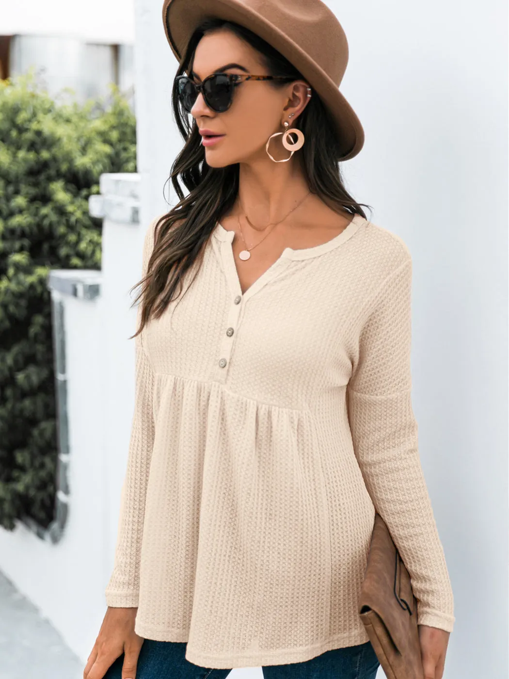 Anna-Kaci Women's Long Sleeve V-neck Waffle Knit Babydoll Ruffle Blouse