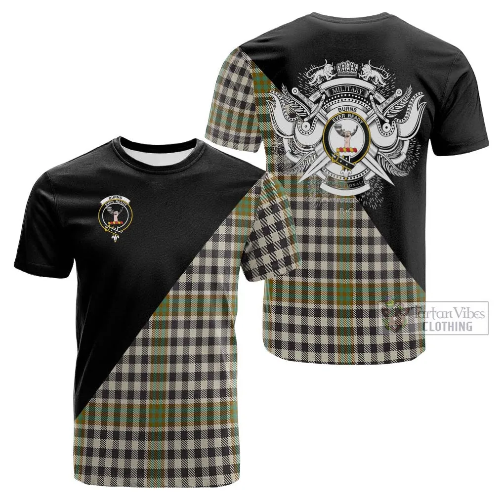 Burns Check Tartan Cotton T-shirt with Family Crest and Military Logo Style