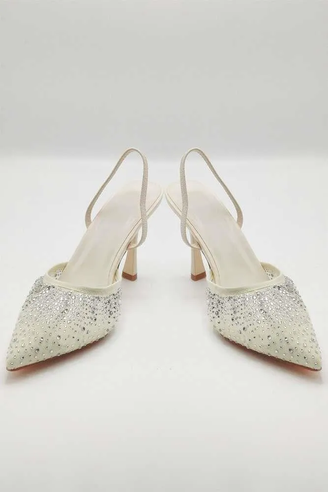 Cedilia Gemstone Embellished Mesh Slingback Court Shoes in Nude