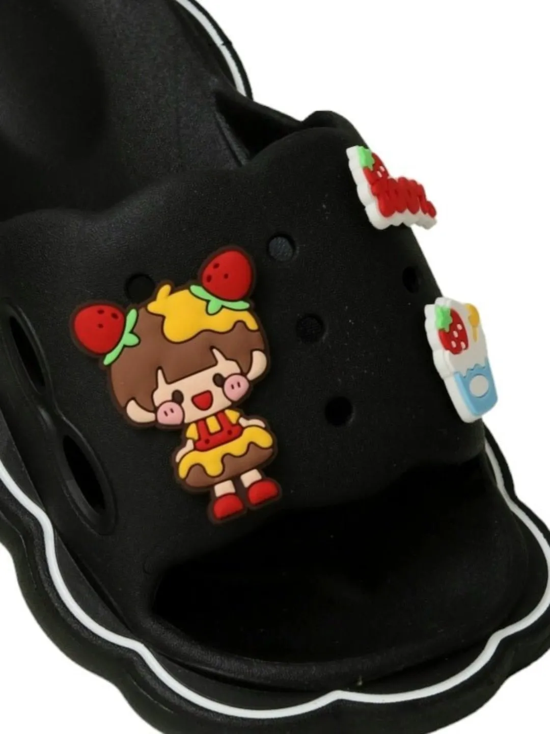Charming Sleek Black Sliders with Fun Cartoon Decorations for Girls