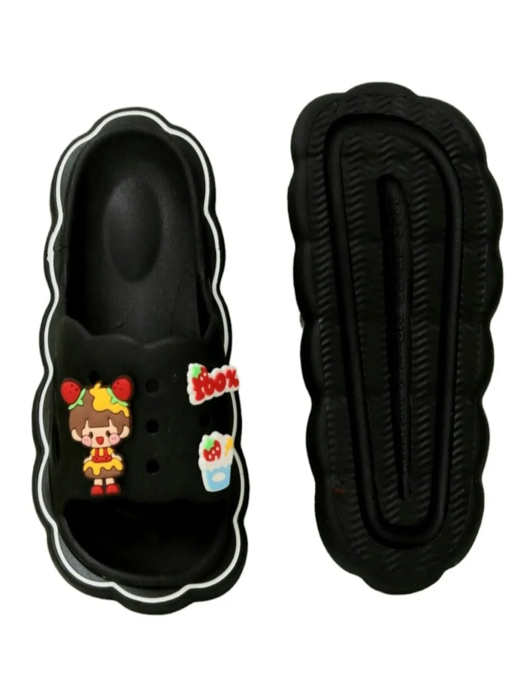 Charming Sleek Black Sliders with Fun Cartoon Decorations for Girls