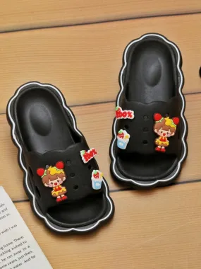 Charming Sleek Black Sliders with Fun Cartoon Decorations for Girls