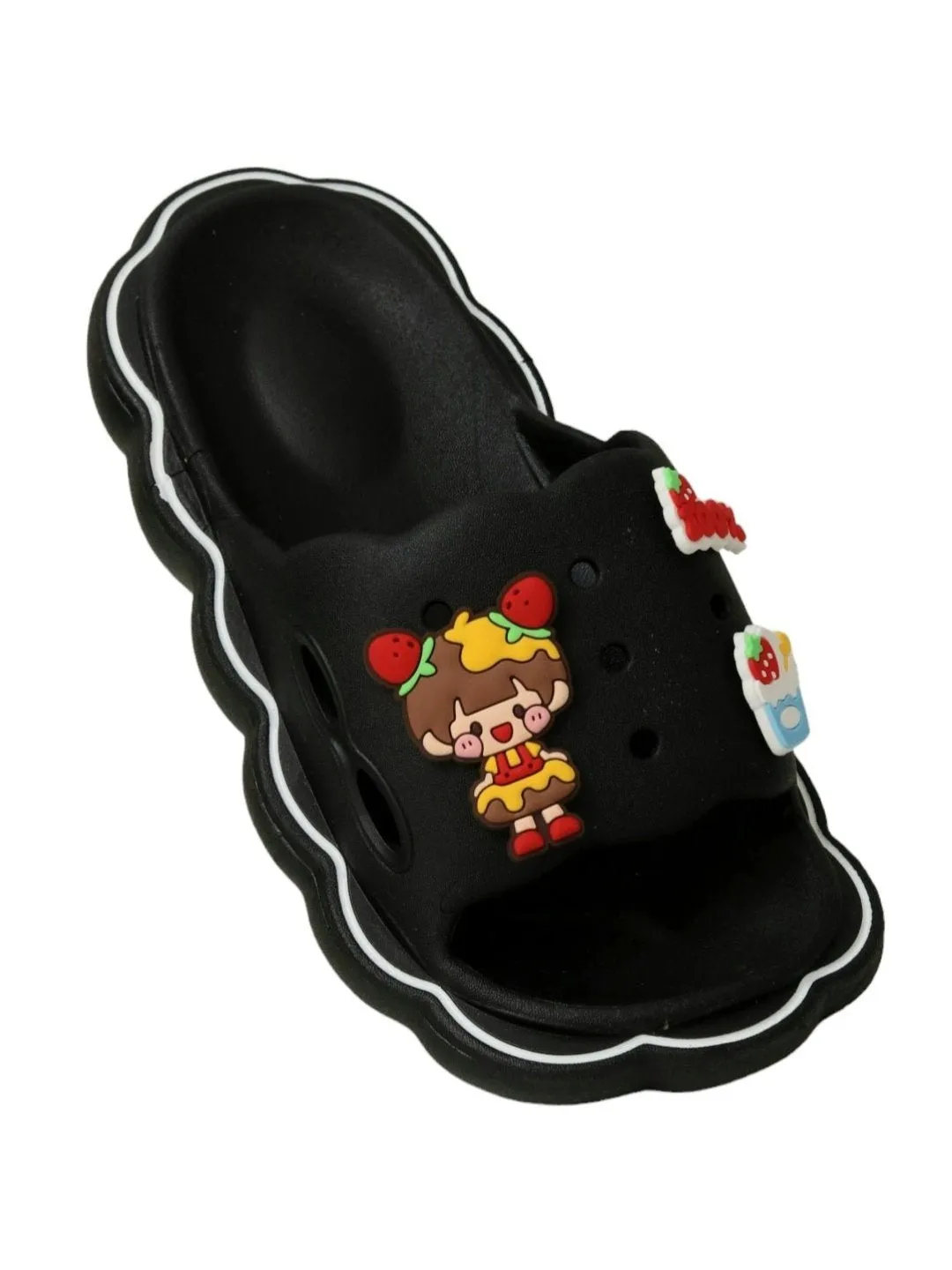 Charming Sleek Black Sliders with Fun Cartoon Decorations for Girls