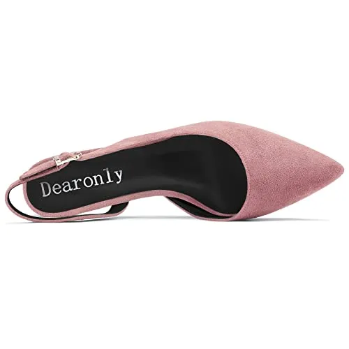 DearOnly Womens Pumps Pointed Toe d-Orsay Kitten Low Block Chunky Heel Slingback Suede Dress Shoes Pink 1.5 Inch