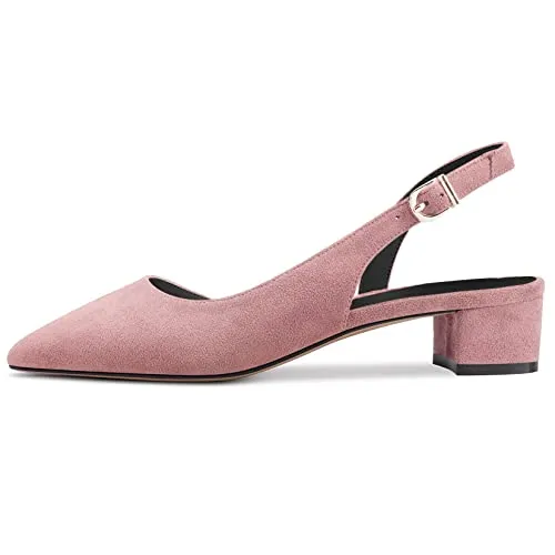 DearOnly Womens Pumps Pointed Toe d-Orsay Kitten Low Block Chunky Heel Slingback Suede Dress Shoes Pink 1.5 Inch