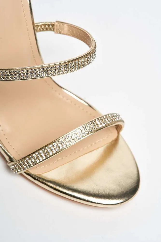 Hellena Diamante Embellished Women's Heeled Sandals in Gold