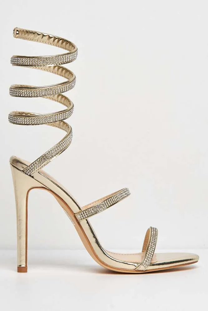 Hellena Diamante Embellished Women's Heeled Sandals in Gold
