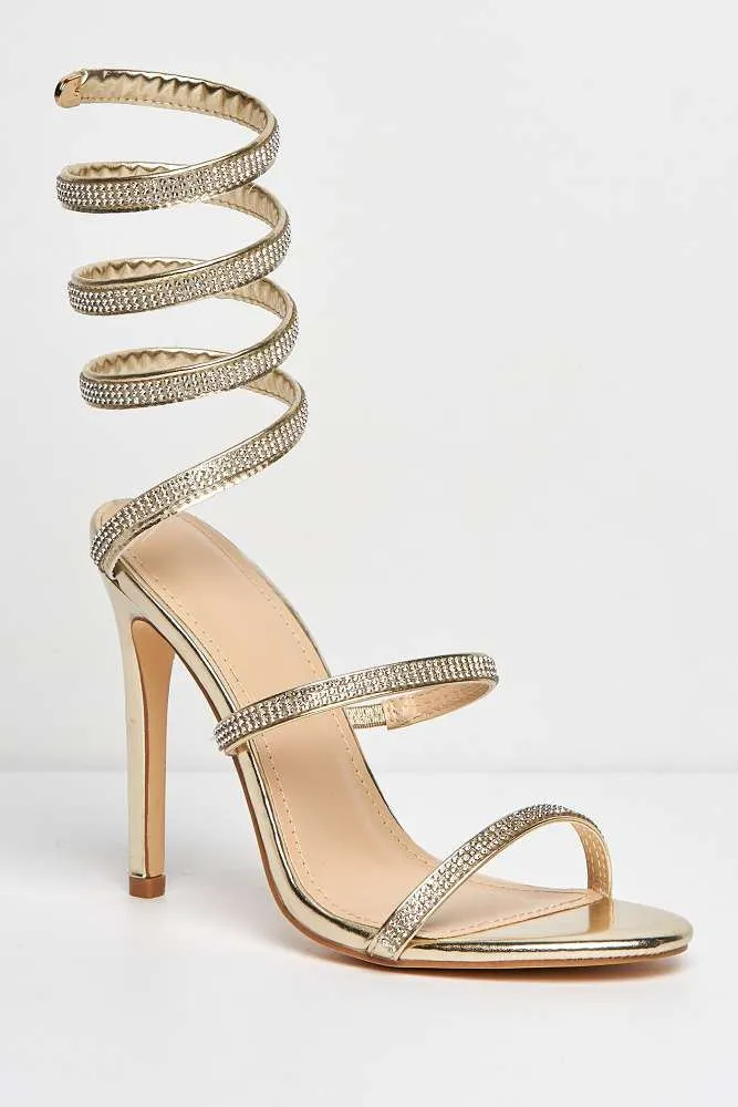 Hellena Diamante Embellished Women's Heeled Sandals in Gold