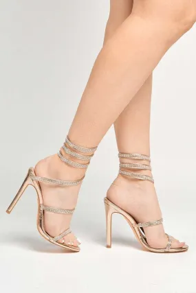 Hellena Diamante Embellished Women's Heeled Sandals in Gold