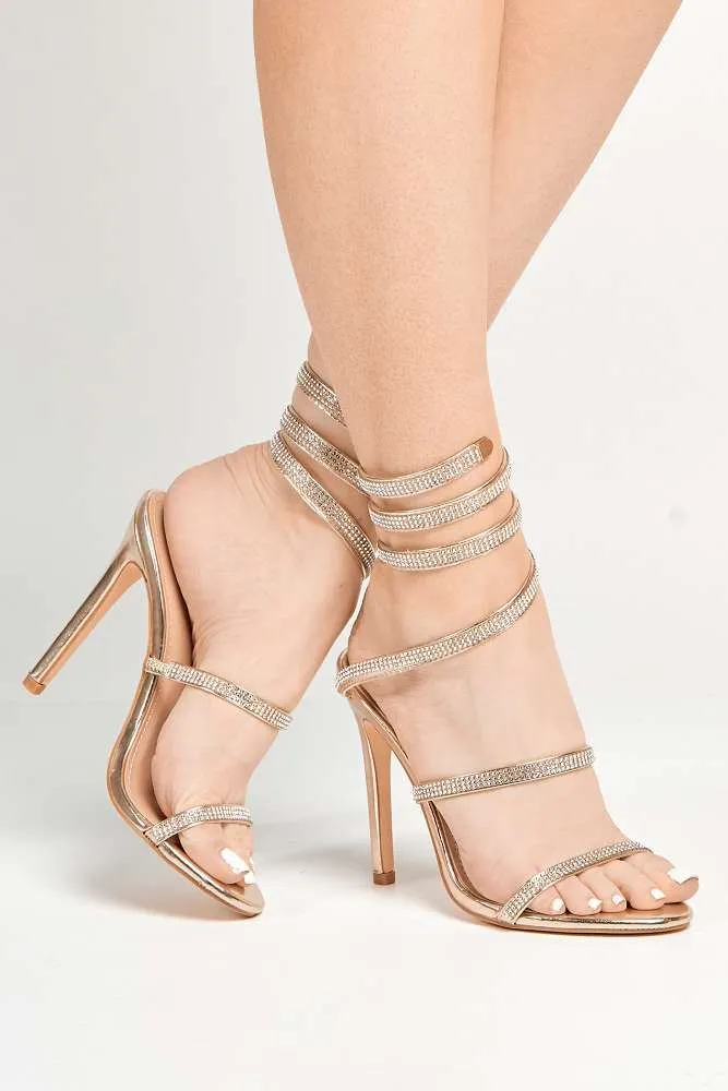 Hellena Diamante Embellished Women's Heeled Sandals in Gold