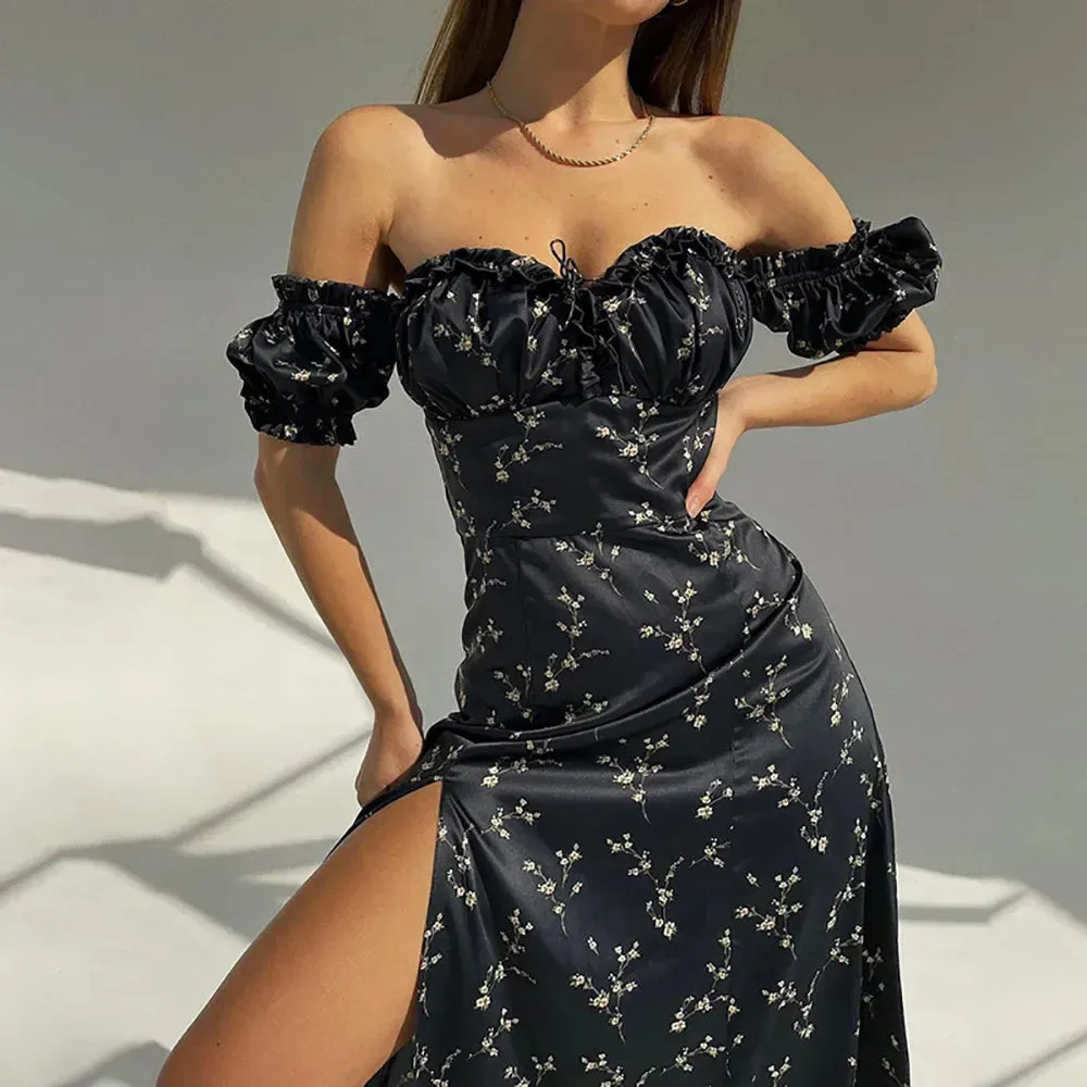 JOSKAA Slash Neck Floral Print Split Beach Dress Women Summer Elegant Ruffles Party Long Dress Vestidos S~3XL