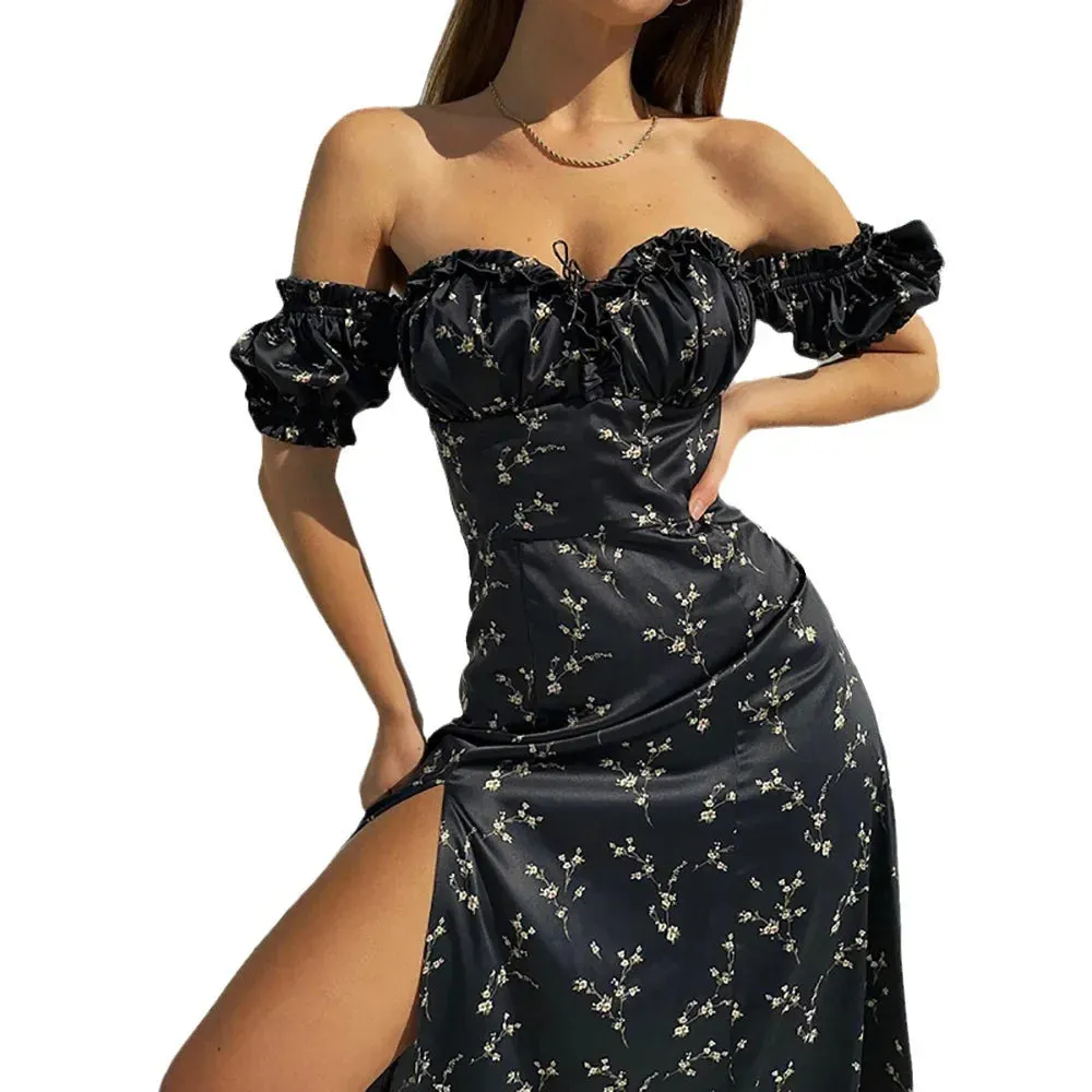 JOSKAA Slash Neck Floral Print Split Beach Dress Women Summer Elegant Ruffles Party Long Dress Vestidos S~3XL