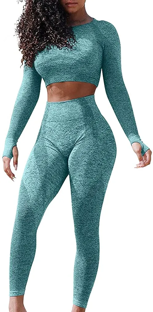 LNSK Women's Seamless Yoga 2 Piece Workout Outfits Long Sleeve Crop Top High Waist leggings Gym Clothes Sets