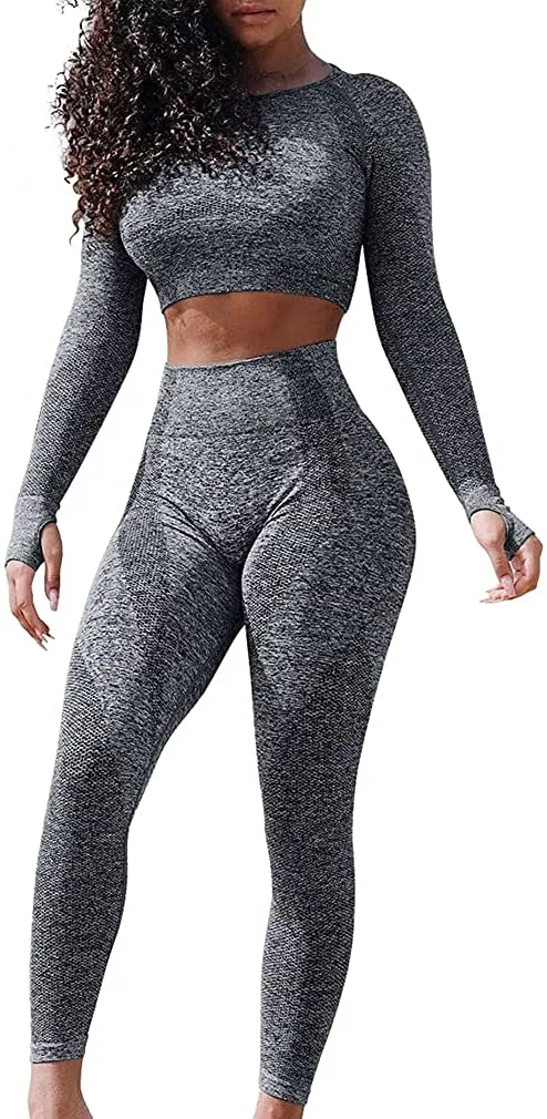 LNSK Women's Seamless Yoga 2 Piece Workout Outfits Long Sleeve Crop Top High Waist leggings Gym Clothes Sets