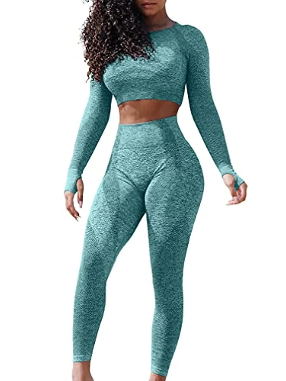 LNSK Women's Seamless Yoga 2 Piece Workout Outfits Long Sleeve Crop Top High Waist leggings Gym Clothes Sets