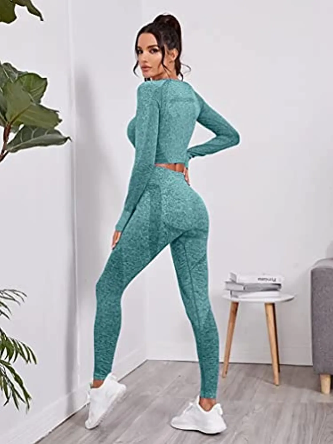 LNSK Women's Seamless Yoga 2 Piece Workout Outfits Long Sleeve Crop Top High Waist leggings Gym Clothes Sets