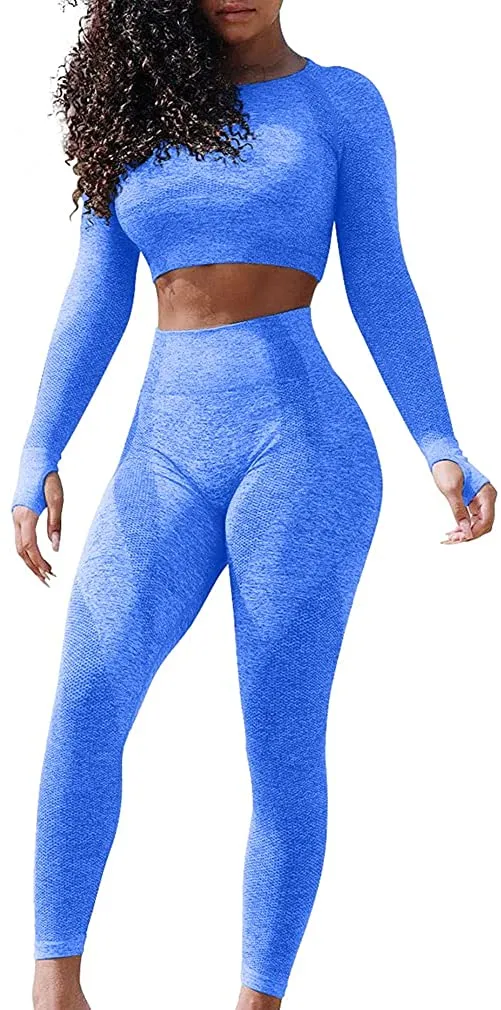 LNSK Women's Seamless Yoga 2 Piece Workout Outfits Long Sleeve Crop Top High Waist leggings Gym Clothes Sets