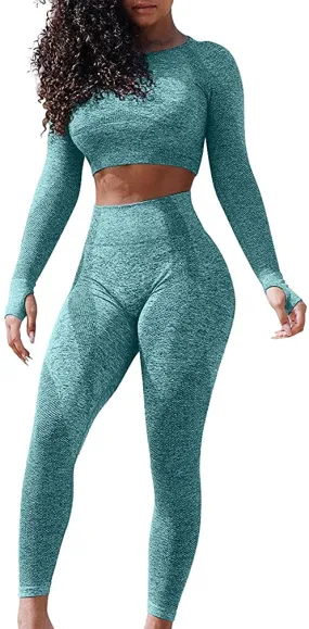 LNSK Women's Seamless Yoga 2 Piece Workout Outfits Long Sleeve Crop Top High Waist leggings Gym Clothes Sets