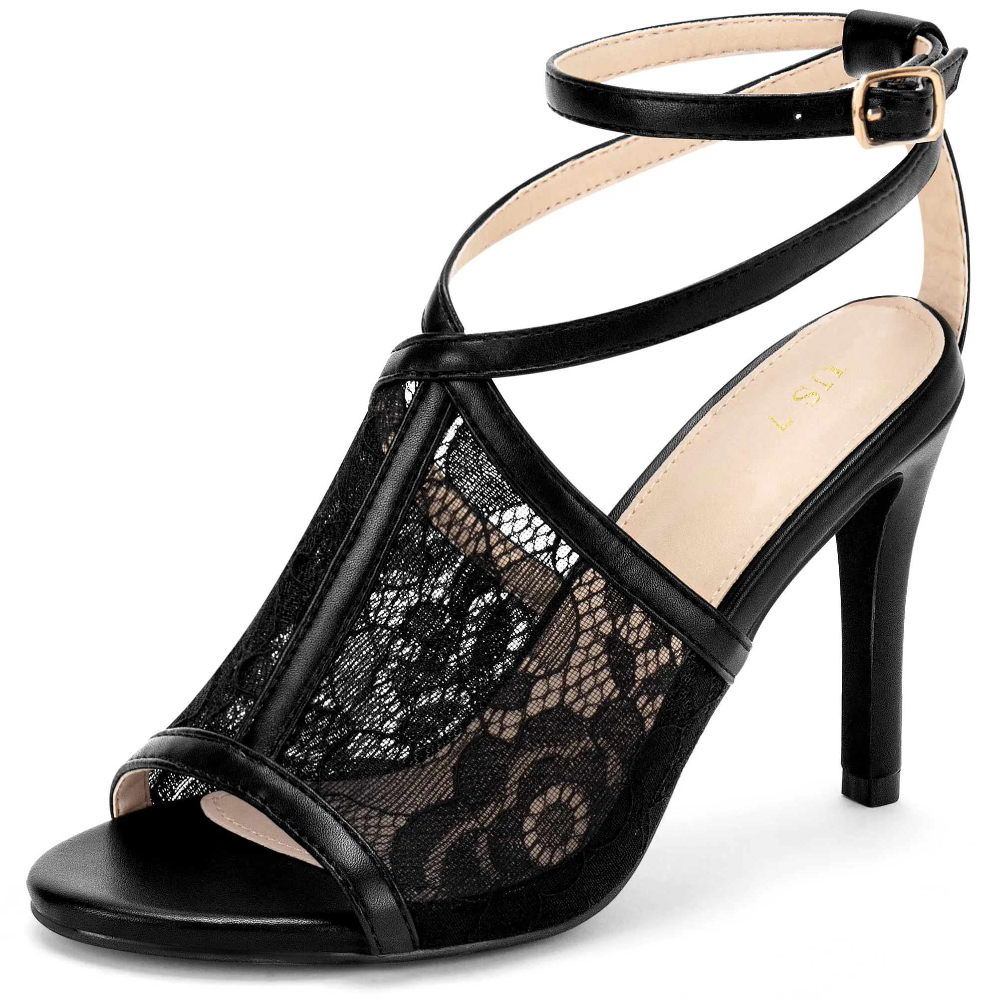 Perphy Peep Toe Stiletto Heel Ankle Strap Black Lace Heel Sandals for Women 9 M US