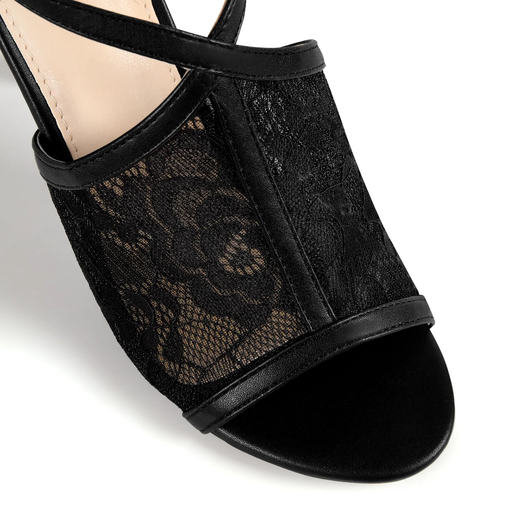 Perphy Peep Toe Stiletto Heel Ankle Strap Black Lace Heel Sandals for Women 9 M US