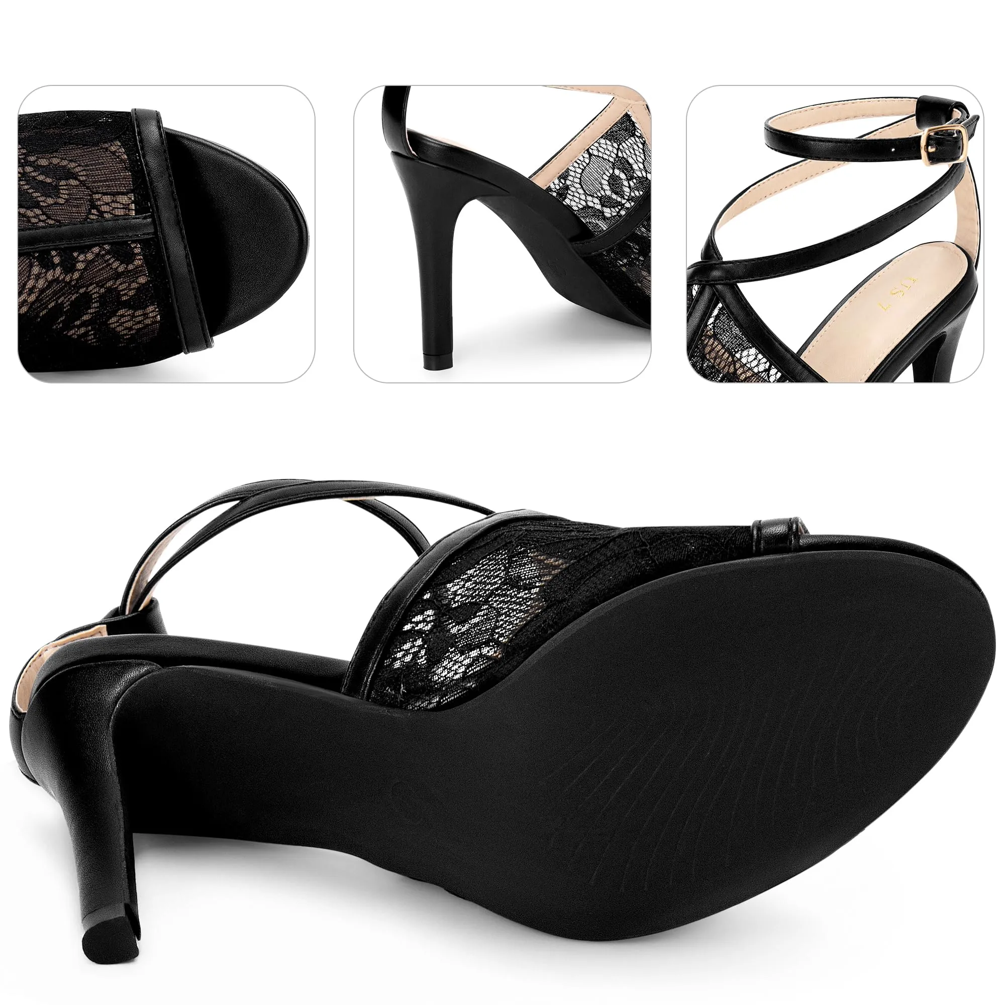 Perphy Peep Toe Stiletto Heel Ankle Strap Black Lace Heel Sandals for Women 9 M US