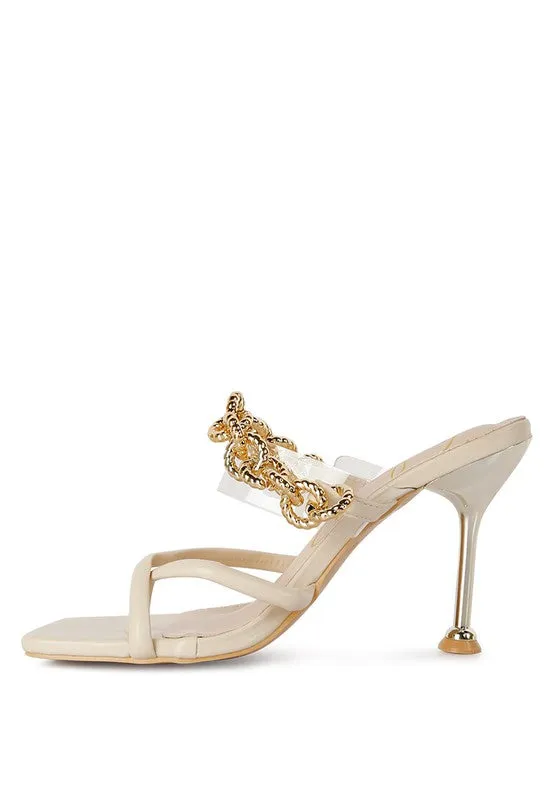 Social Bee Link Chain Embellished Heel Slide In Dressy Sandals