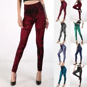 Women Stretch Fitness Leggings Vintage Imitation Jeans High Waist Slim Pants Fashion Sexy High Street Push Up Breeches