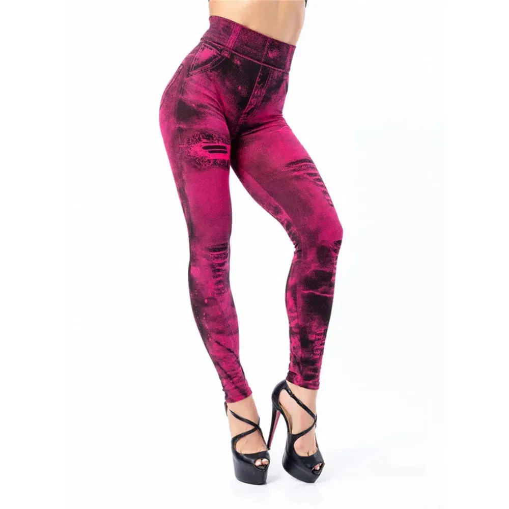 Women Stretch Fitness Leggings Vintage Imitation Jeans High Waist Slim Pants Fashion Sexy High Street Push Up Breeches
