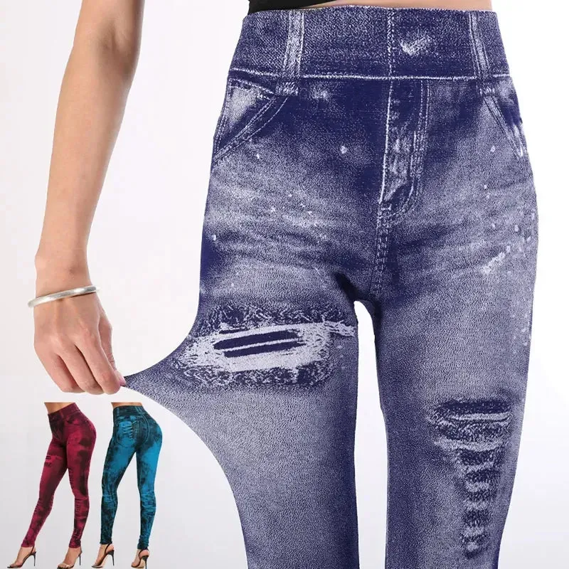 Women Stretch Fitness Leggings Vintage Imitation Jeans High Waist Slim Pants Fashion Sexy High Street Push Up Breeches
