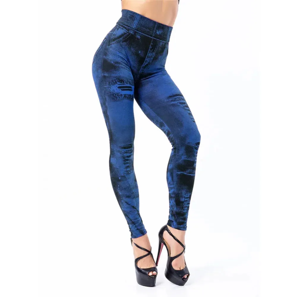 Women Stretch Fitness Leggings Vintage Imitation Jeans High Waist Slim Pants Fashion Sexy High Street Push Up Breeches