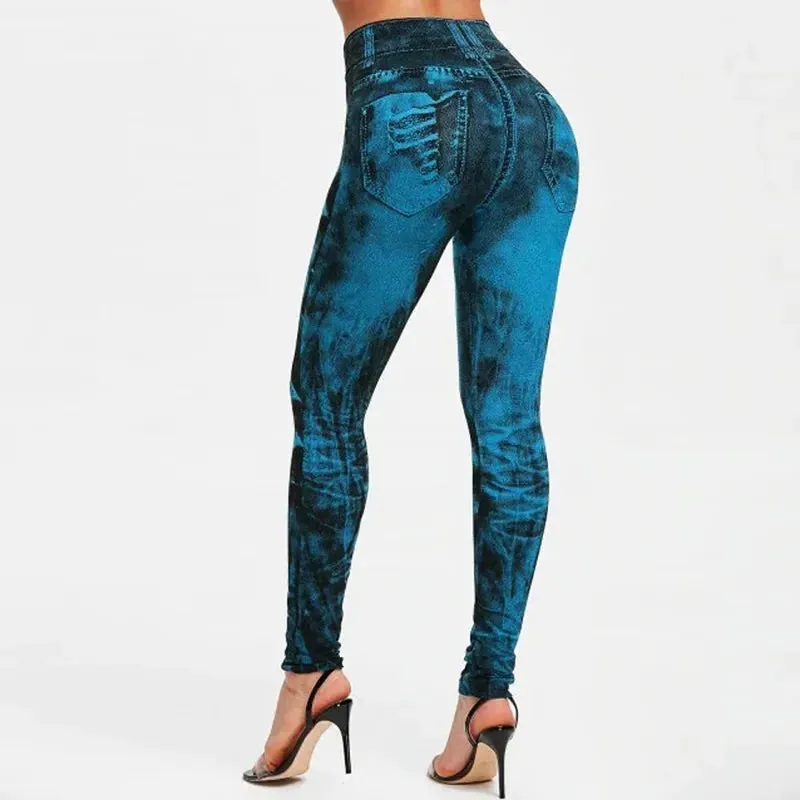 Women Stretch Fitness Leggings Vintage Imitation Jeans High Waist Slim Pants Fashion Sexy High Street Push Up Breeches